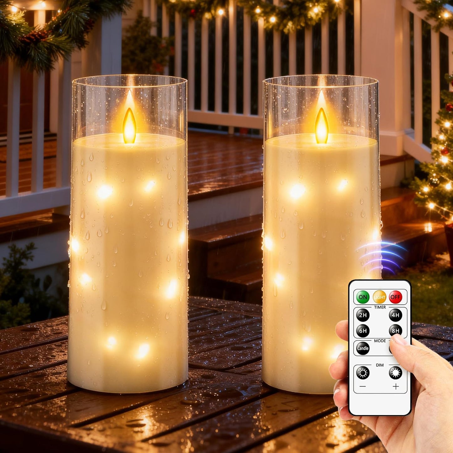 11" x 4" Large Outdoor Waterproof LED Candles, 2Pcs Pillar Candles with Remote & Timer, Flameless Candle Battery Operated with Embedded Star String for Porch, Patio, Outdoor Decor and Christmas