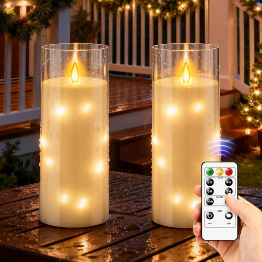 11" x 4" Large Outdoor Waterproof LED Candles, 2Pcs Pillar Candles with Remote & Timer, Flameless Candle Battery Operated with Embedded Star String for Porch, Patio, Outdoor Decor and Christmas