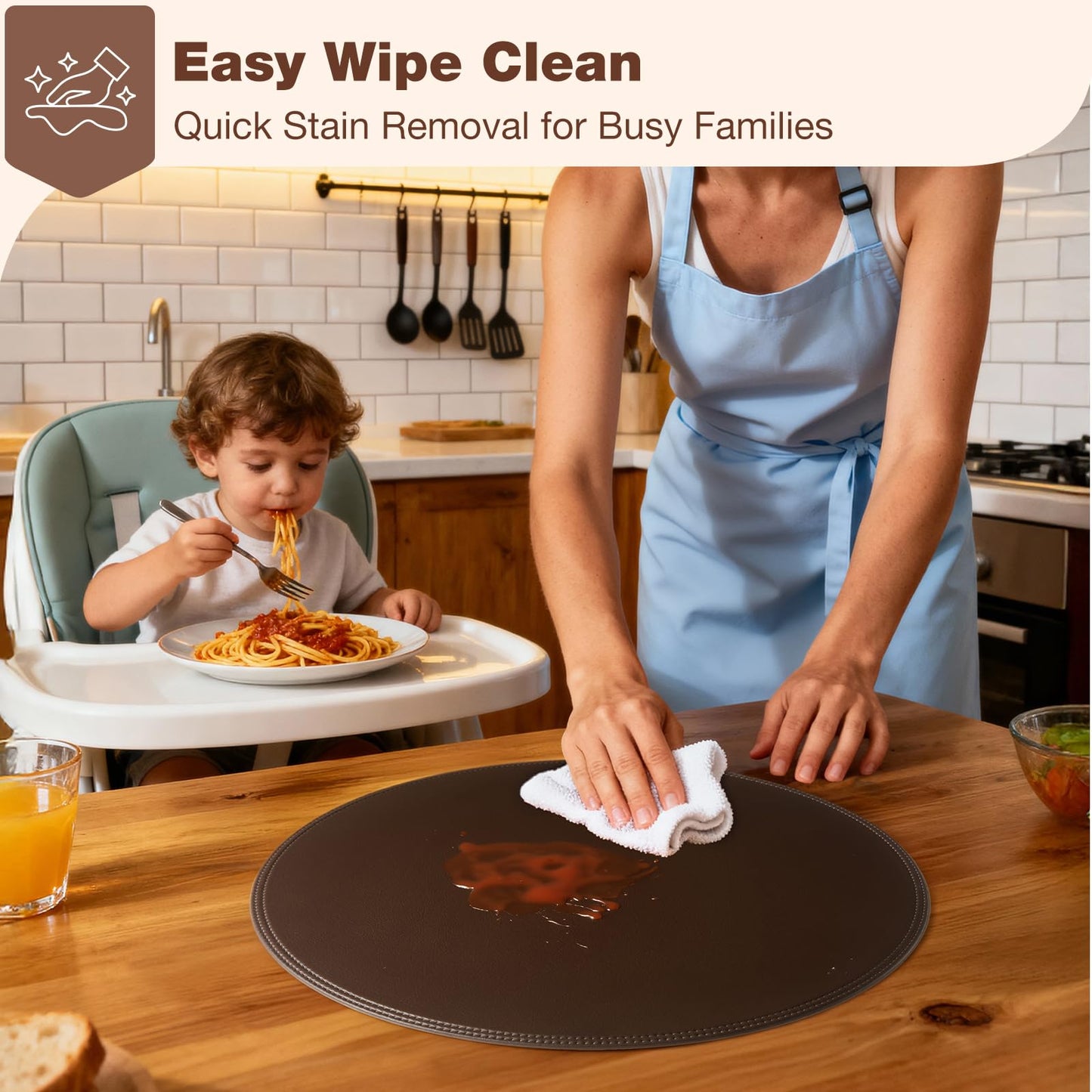 Rinpon Round Vinyl Brown Placemats Set of 6, Faux Leather Waterproof Wipeable Heat Resistant Place Mats, Washable Table Mats for Halloween, Thanksgiving & Christmas Dinner(Dark Brown)