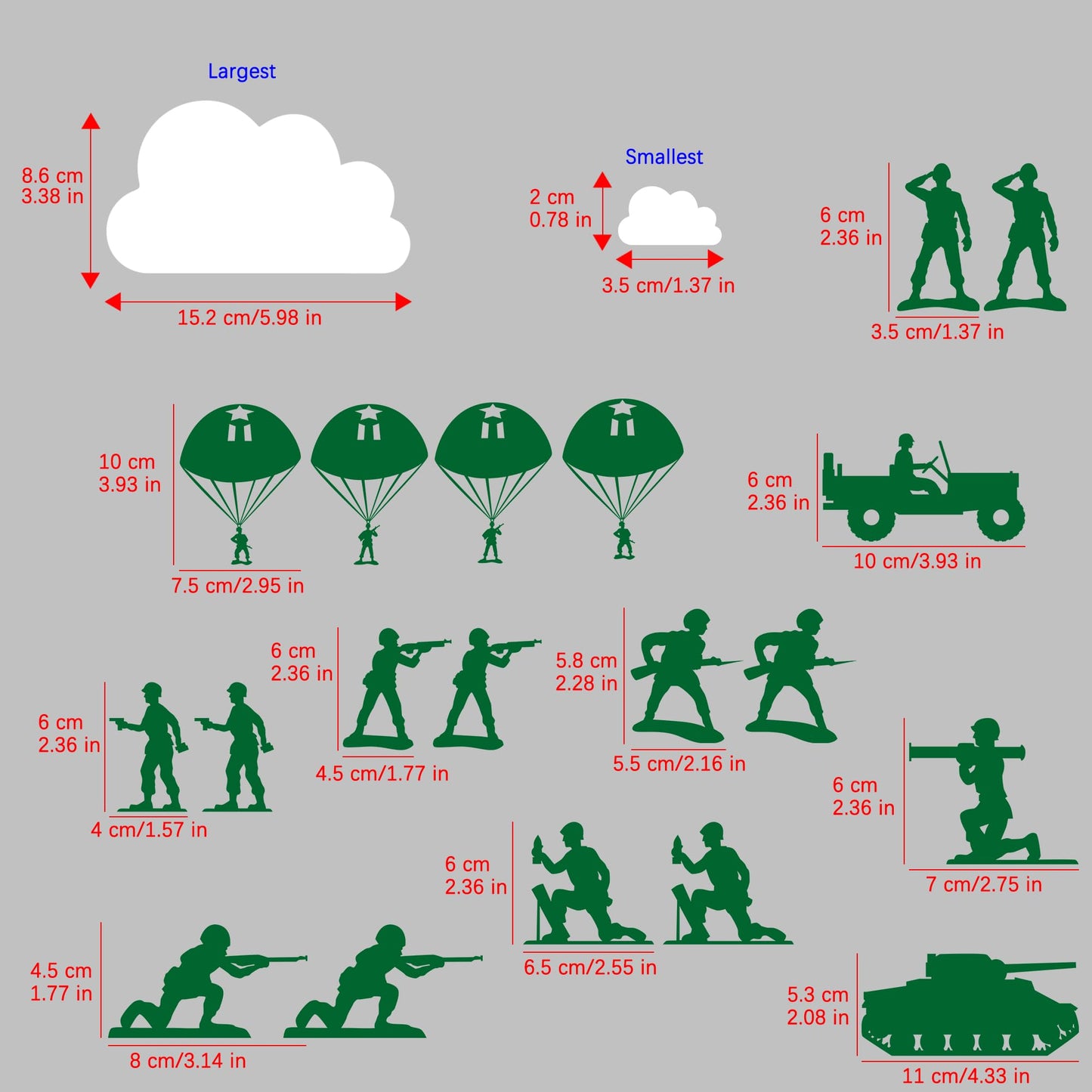 Pounchi Army and Clouds Wall Stickers (4 Sheets 93 Pcs) with Transfer Films, Cool Solider Military DIY Wall PVC Decals for Bedroom Living Room Decor