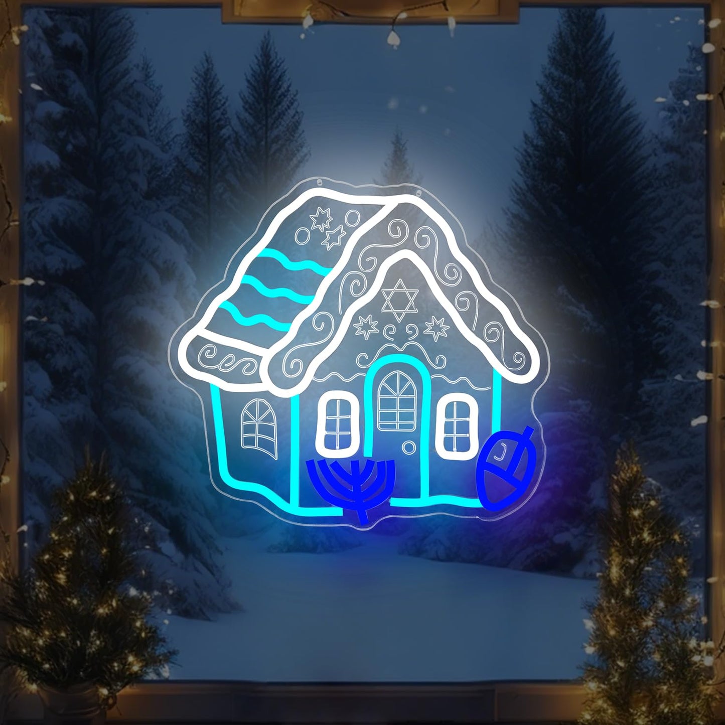 hhuohuona Hanukkah Neon Sign Hanukkah Gingerbread House Light Up Sign Dimmable Chanukah Decorations Jewish Gifts Star of David & Dreidel & Menorah Led Signs for Wall