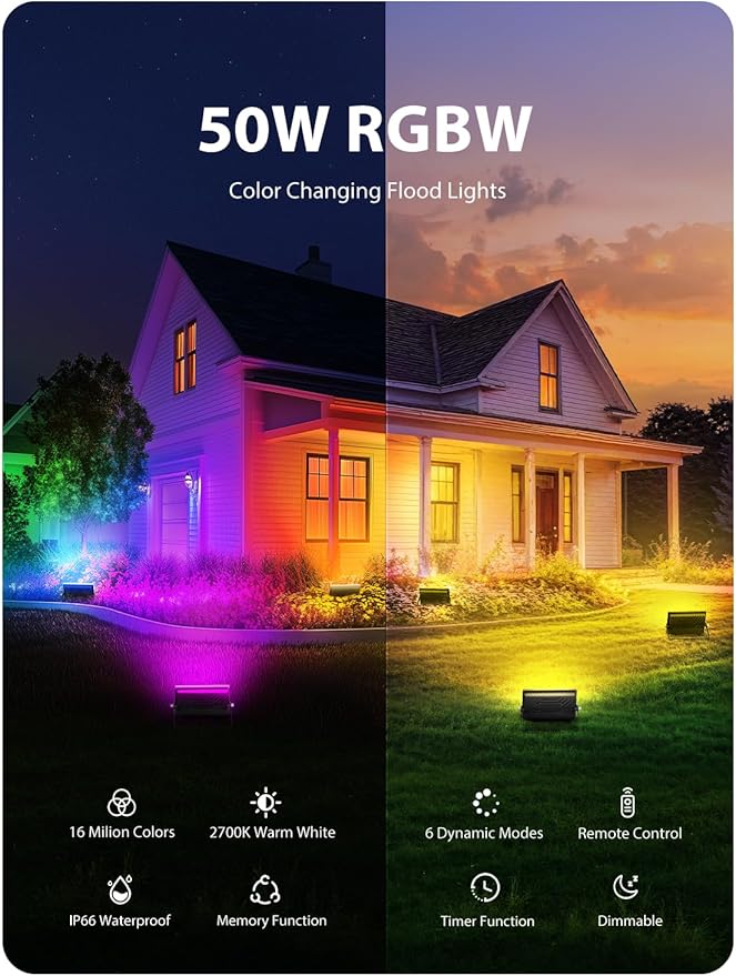 Onforu LED Flood Light Outdoor 500W Equiv, Color Changing RGBW 2700K Floodlight with Remote, Stage Lighting Uplights for Events, IP66 Uplighting Outdoor Spotlight Floor Light for Halloween 4 Pack