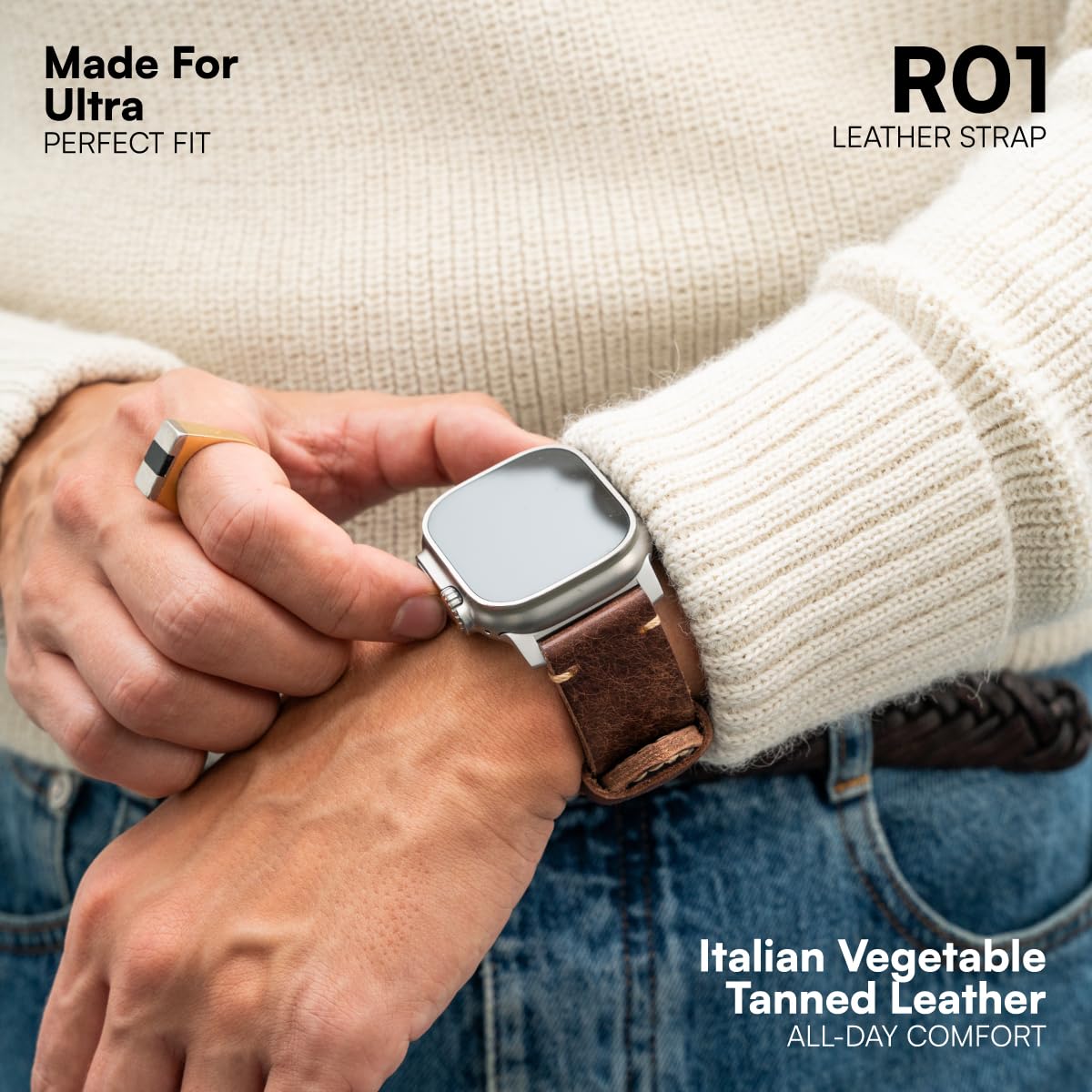ROBUST Genuine Leather Watch Band for Men - Compatible with Apple Watch Bands 49mm - Replacement Strap for iWatch Ultra 2/1 SE, SE 2 Series 10 9 8 7 6 5 4 - Brown Leather With Natural Titanium Buckle