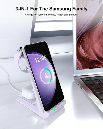 Wireless Charger for Samsung - NANAMI 3 in 1 Charging Station for Multiple Devices, Fast Charger Stand for Galaxy S25 S24 S23 Ultra S22 S21 Z Flip Fold 4,Galaxy Watch 6/5/5 Pro/4/3, Galaxy Buds 2 Pro