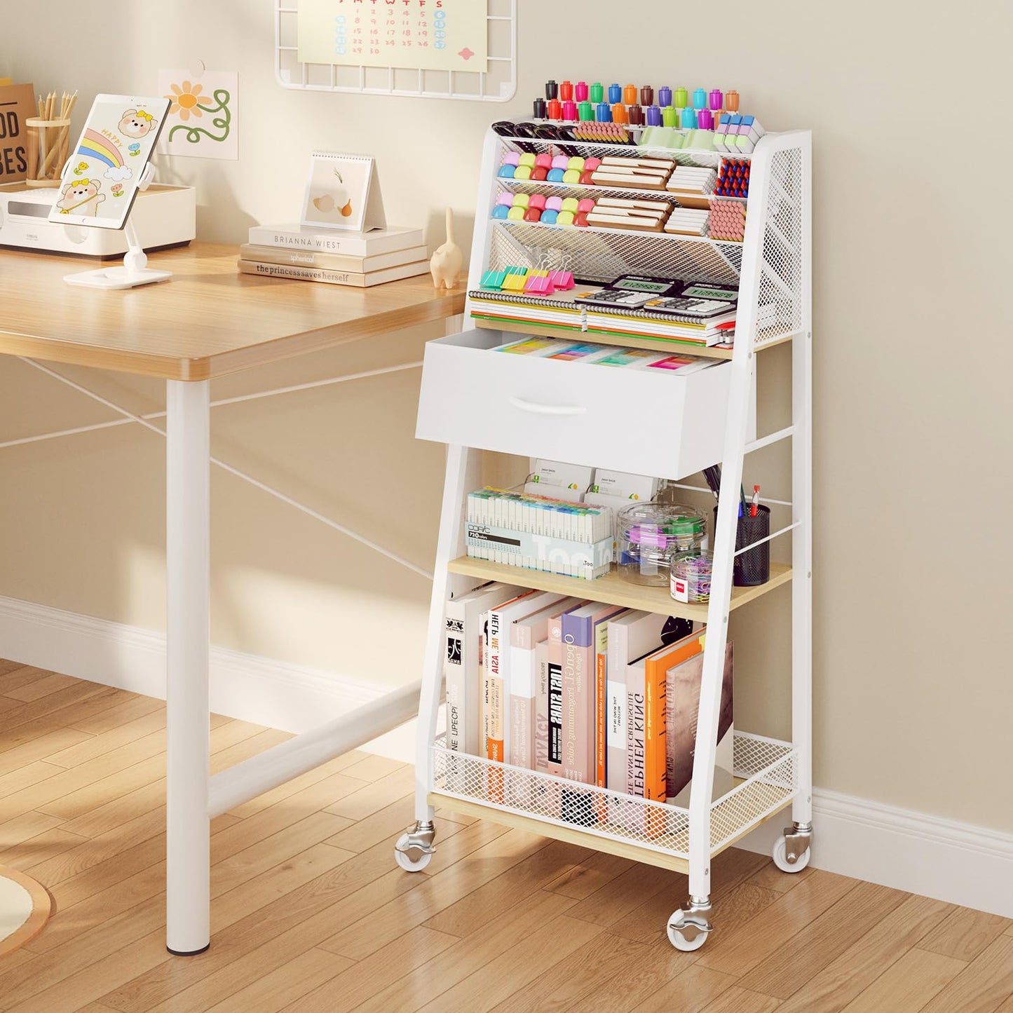 Homsorout 3 Tier Rolling Cart - Metal Utility Cart with Storage Drawer and Wheels, Versatile Art & Craft Organizer for Home, Office, or Studio - Ideal for Storing Brushes, Paints, and Supplies（Maple）
