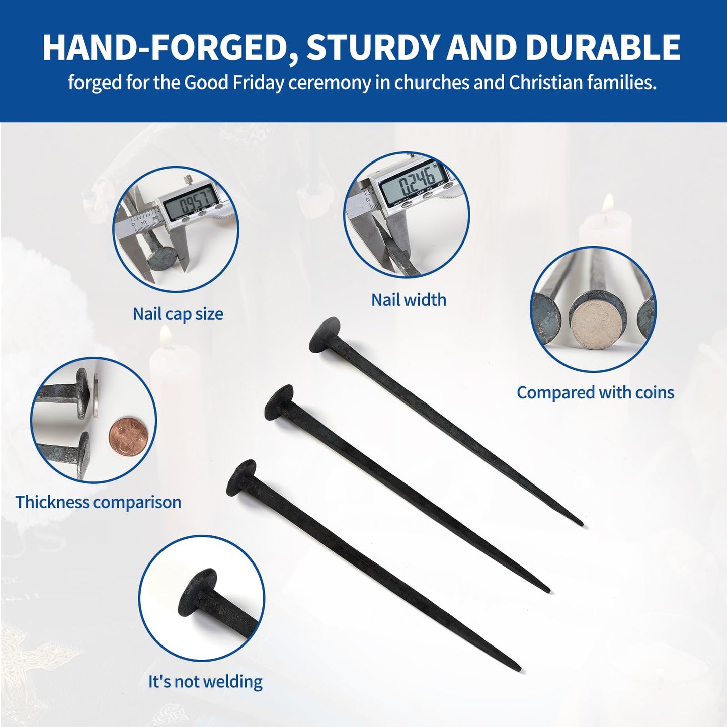 TRASEXTRA 3 Pcs Wrought Iron Decorative Nails,Jesus Cross,Confirmation Gifts,Christian Home Decor,Hand Forged Nails,Hand Forged Crucifixion Nails,Iron Nails,Jesus Crucifixion Flat Head Nail (3)