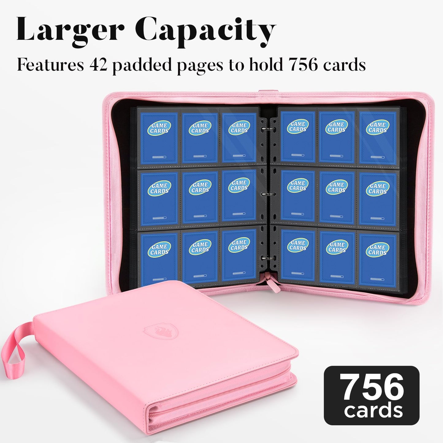 Fabmaker 9 Pocket Card Binder, Premium Trading Card Binder Holds 756 Cards, PU Cover 3 Ring Zipper Card Binder, Portable Baseball Card Binder, Collection Album for Game & Sport Cards, Pink