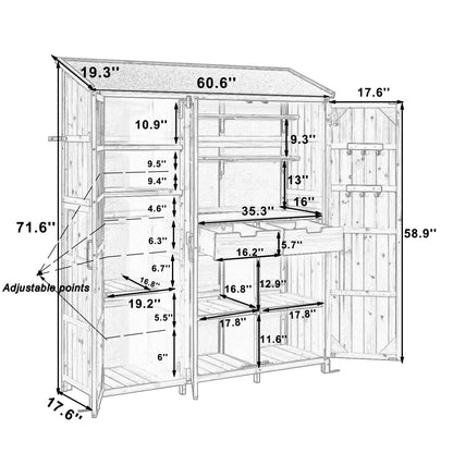 Outdoor Garden Shed with Waterproof Roof and Workstation, Outdoor Storage Cabinet with 7 Storage Shelves, 2 Drawers and 6 Hooks, Natural