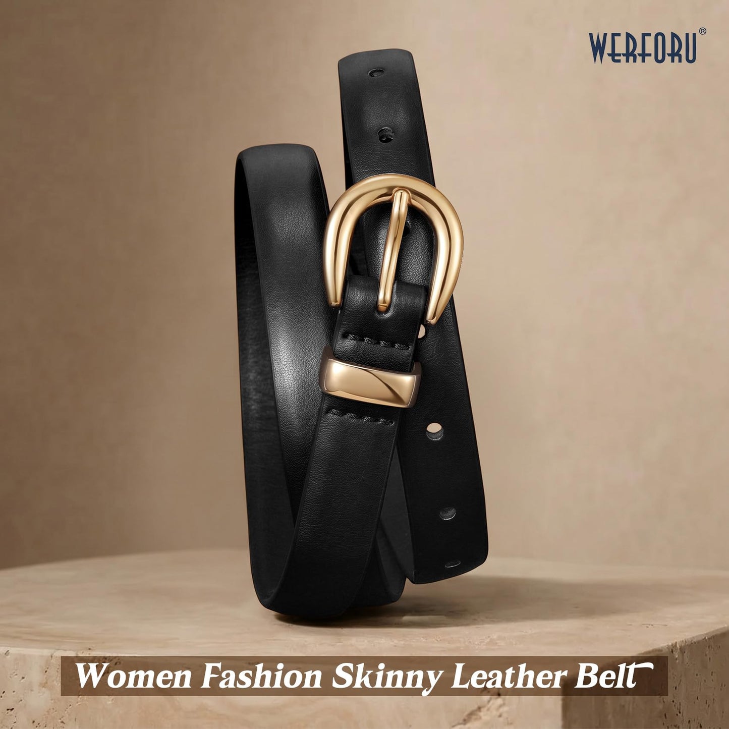 WERFORU Women Skinny Leather Belt for Jeans Pants Fashion Thin Waist Belts for Women Dress Belt with Gold Buckle,Black,Fit Waist Size 31-36 Inches