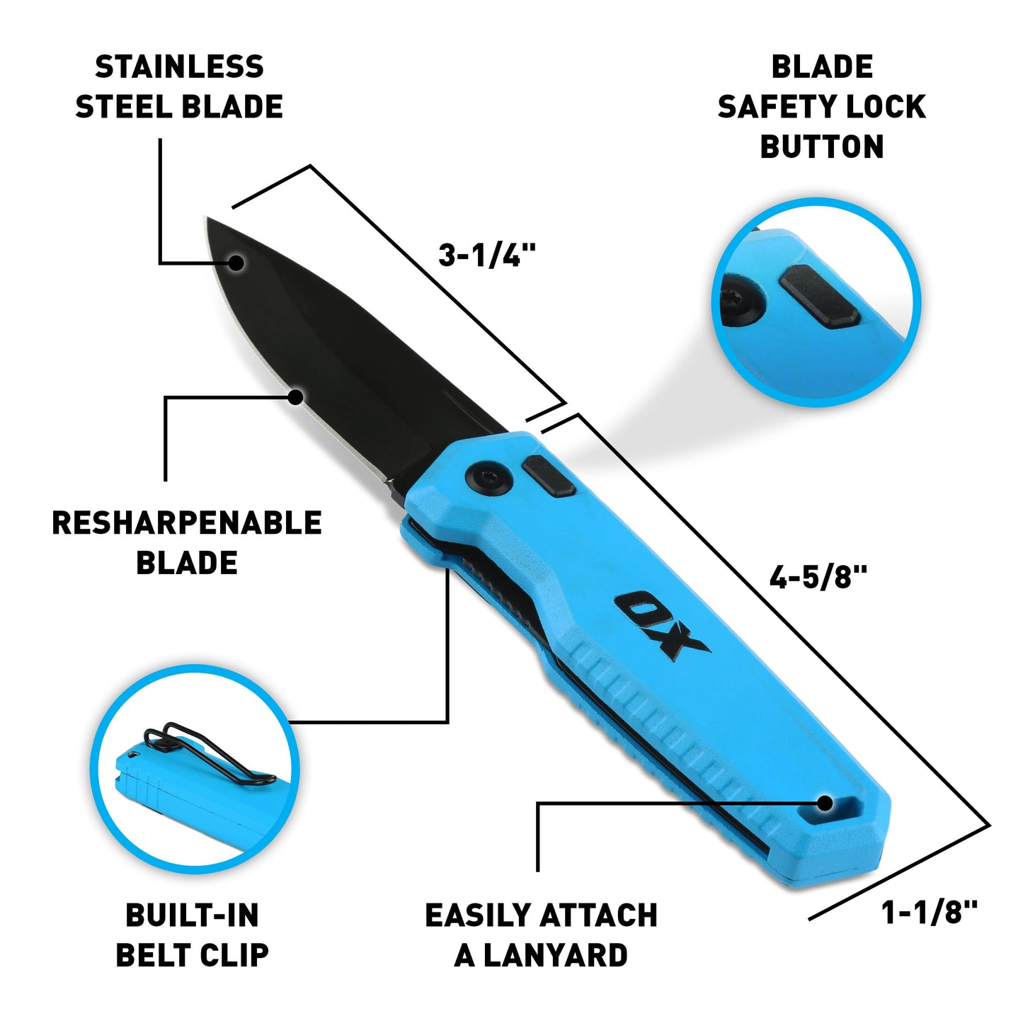 OX Pro Pocket Folding Knife with Stainless Steel Blade and Liner Lock EDC - Metal Body and Belt Clip for Jobsite Utility OX-P226301