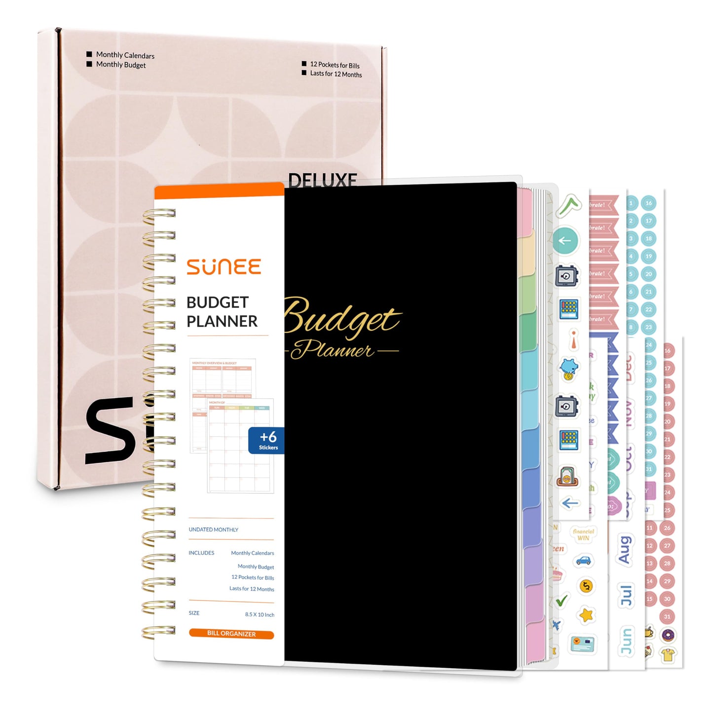 SUNEE Budget Planner - Deluxe Monthly Budget Book with 12-Pockets for Bill Organizer, Undated 12 Month Expense Tracker Notebook & Account Book B5 Size (8" x 10") to Manage Your Finance Planner, Black