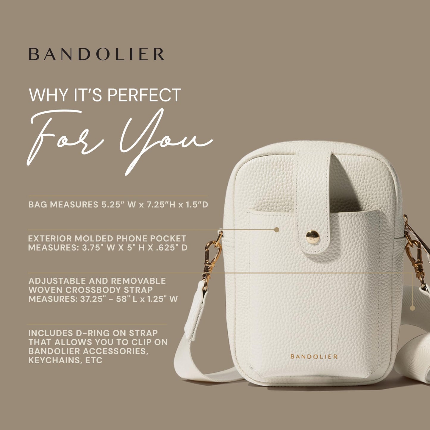 Bandolier Dillon Bag Crossbody | Stylish Pebble Leather Bag | Adjustable Strap, Exterior Slip Pocket | Small Bags for Women