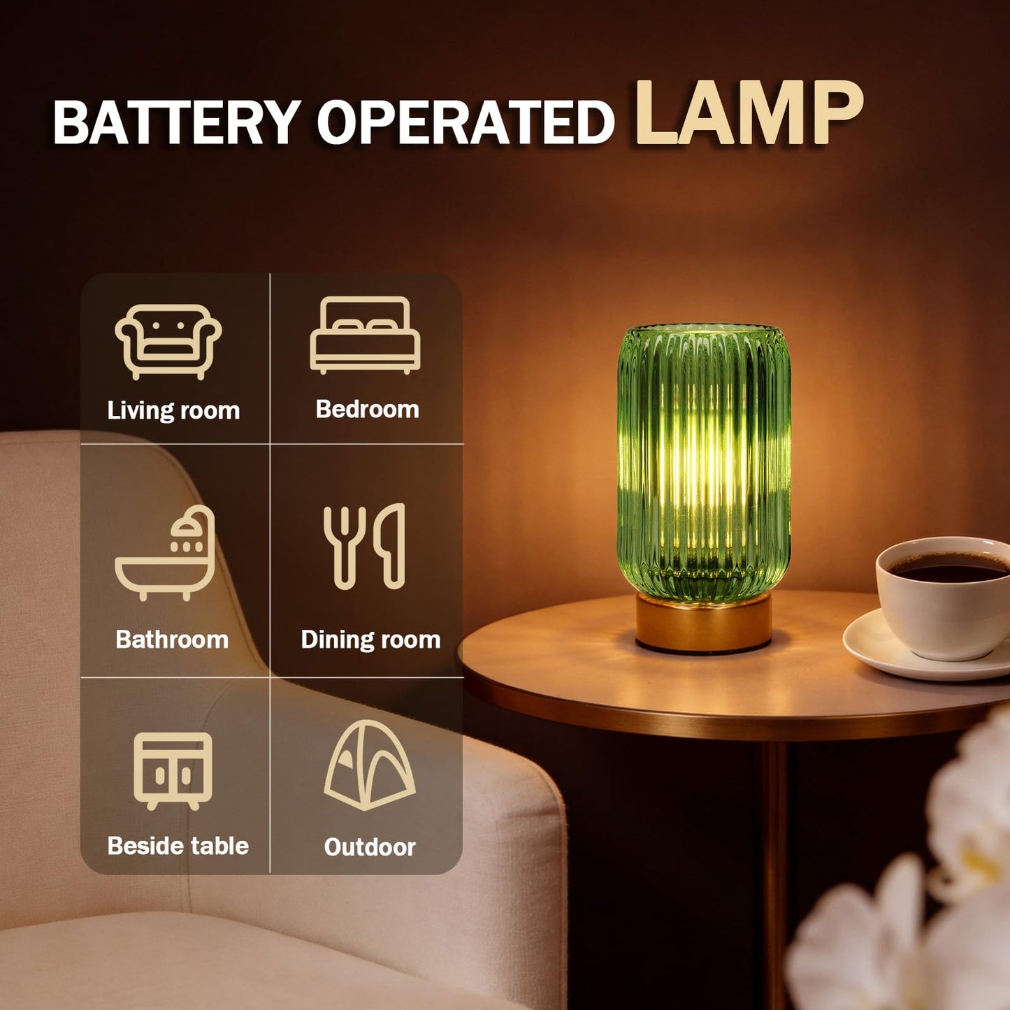 MJ PREMIER Cordless Lamp, Battery Operated Lamp with Timer, Green Glass Lampshade, Small Table Lamps for Area No Plug, Decorative Led Light for Bedroom Living Room Shelf (Green)
