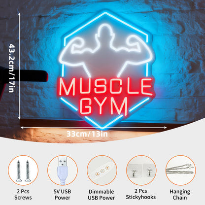 Muscle Gym LED Neon Sign, Home Gym Fitness Center Workout Space Fitness Studio Gym Room Wall Table Decor, Gift for Bodybuilder, USB Powered Dimmable Decorative Neon Light 17 x 13 In