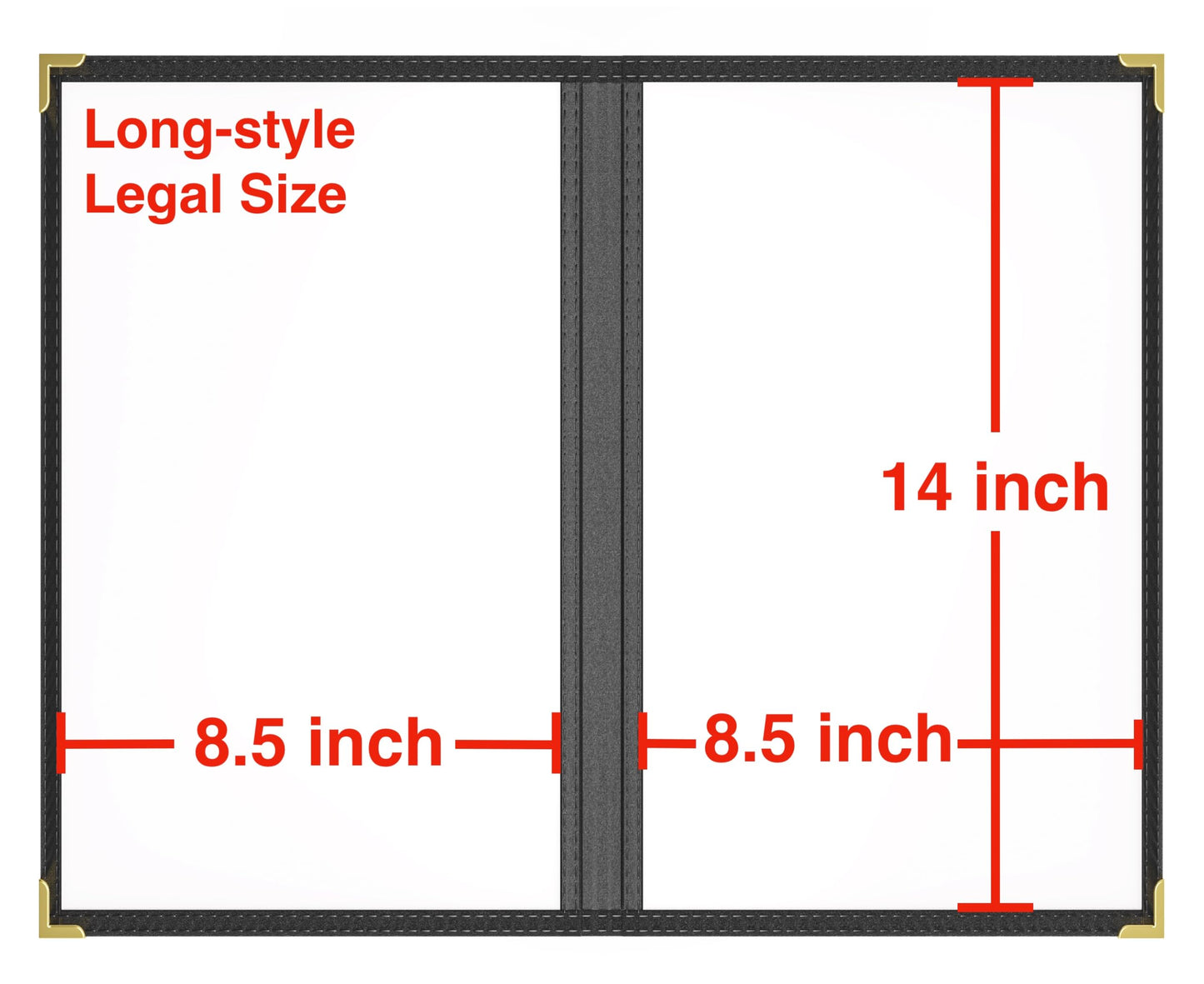 10 Pcs Menu Cover 8.5x14 Inch, Legal Size, 2 Pages / 4 Views Menu Sleeves, Clear Waterproof PVC Menu Holder (Black Edge, Gold Metal Corners)