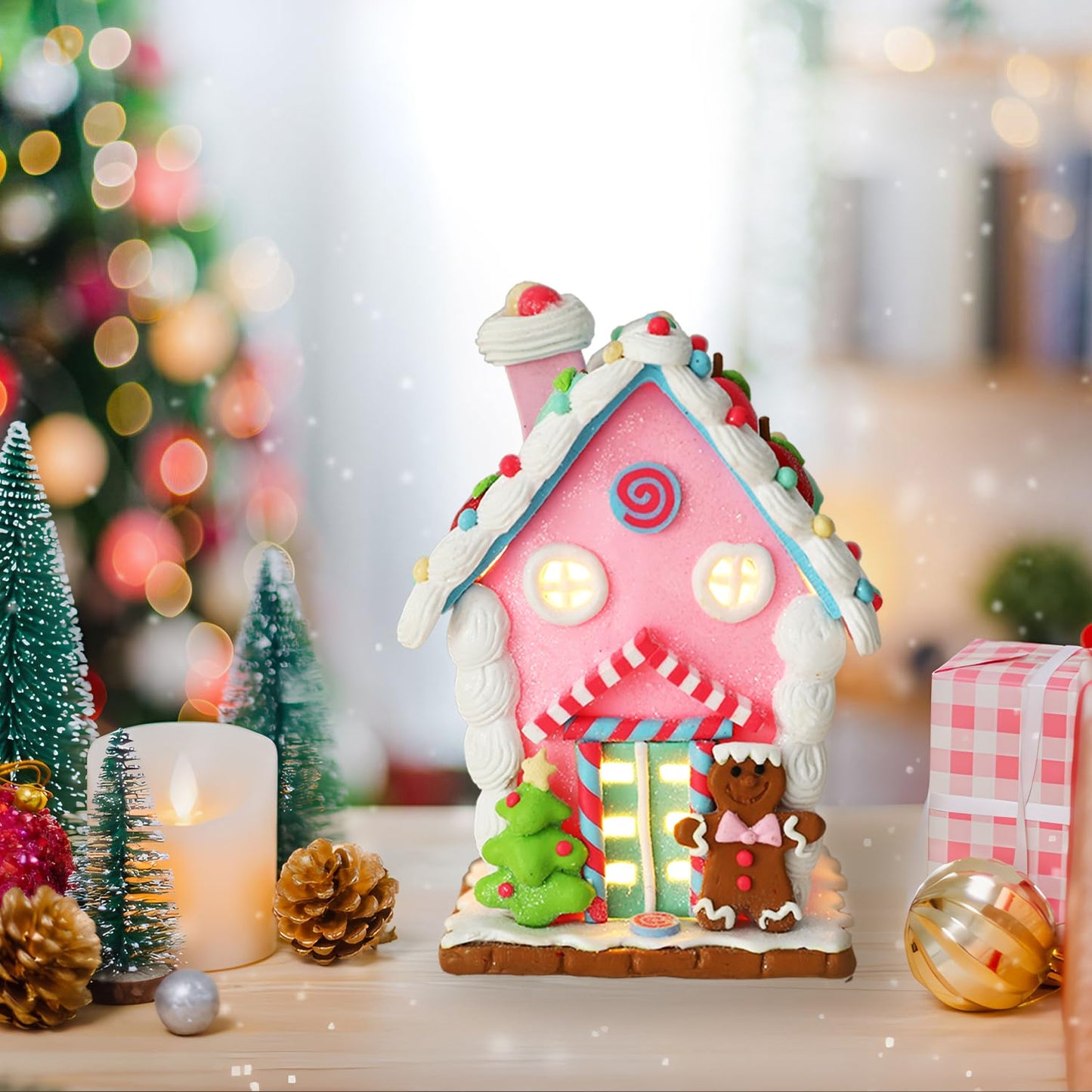Christmas Pastel Gingerbread House Ornaments Decorations,Soft Clay Pastel Pink Small Candy House Christmas Ornaments with Light for Christmas Tree Hanging Pendants Xmas Tabletop Decoration