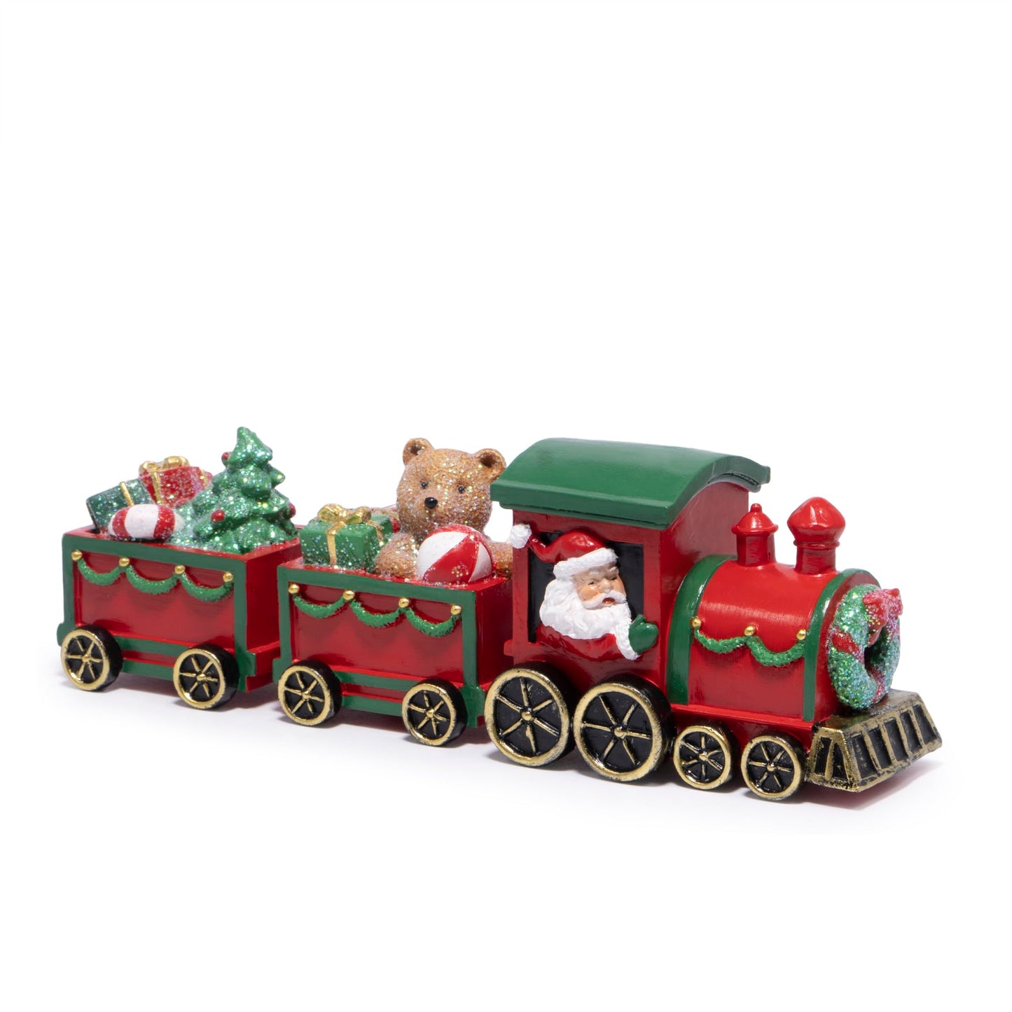 Hodao Christmas Train Decorations – Hand-Painted Resin Santa Claus Gift Train with Teddy Bear, Christmas Tree and Presents, Festive Ornament for Home, Tabletop, Shelf, Mantel, Décor