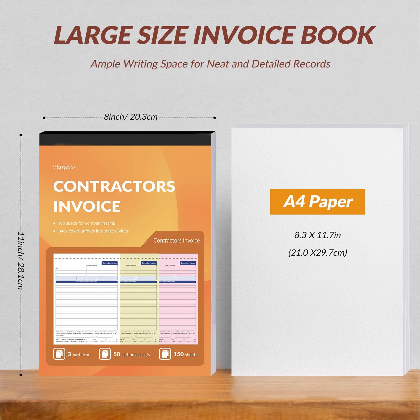Harfesto Large Contractor Invoice Book, Invoice Receipt Book for Small Business, 3 Part Carbonless Work Order Estimate Forms, 8x11 in, 50 Sets