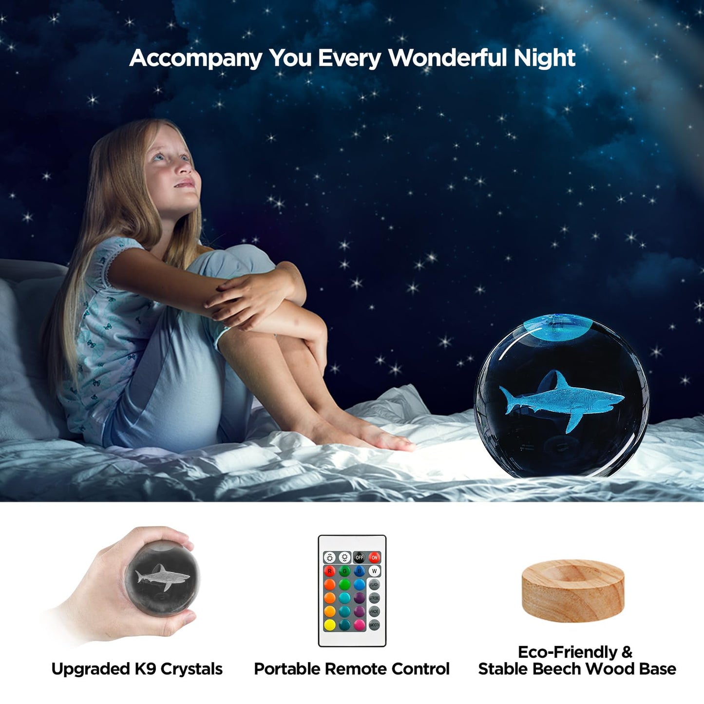 YYLZEPHB 3D Crystal Ball Night Light with Wooden Base, 3.15" Shark Glass Ball Lamp, 16 Colors, Remote Control, Cool Desk Decor