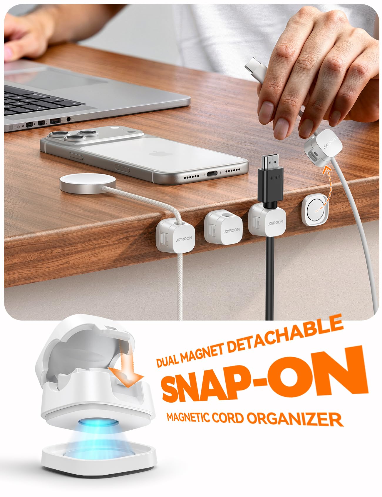 JOYROOM Detachable Magnetic Cord Organizer w/Secure Snap-Lock, 2-in-1 Adhesive& Magnetic Cable Clips, Auto-Fit Spring Management for φ1.5~8mm Cables, Under Desk Nightstand Home Office Car Wire Keeper