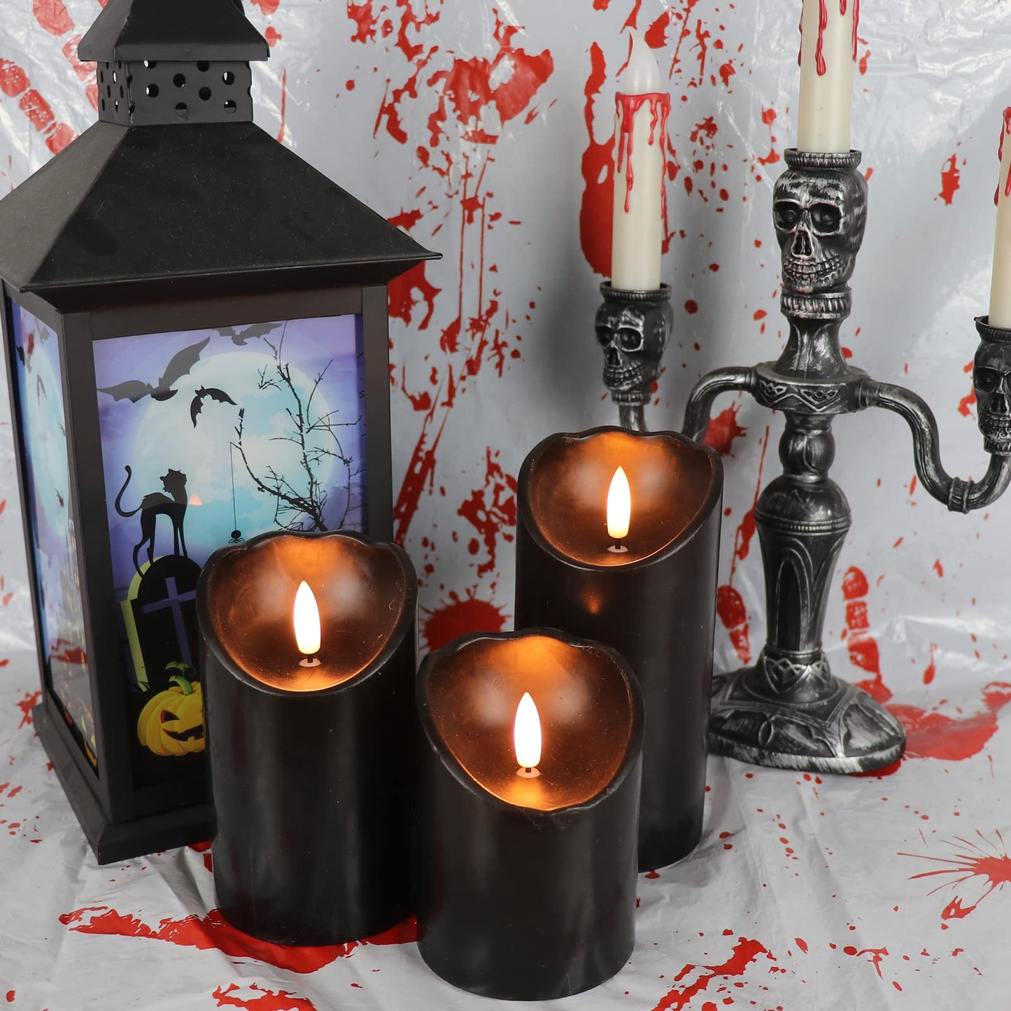 DRomance Black Flameless Pillar Candles with 6H Timer AAA Battery Powered Real Wax Wick Flickering LED Candles Hallloween Theme Home Decoration Candle 3 x 4, 5, 6 Inches