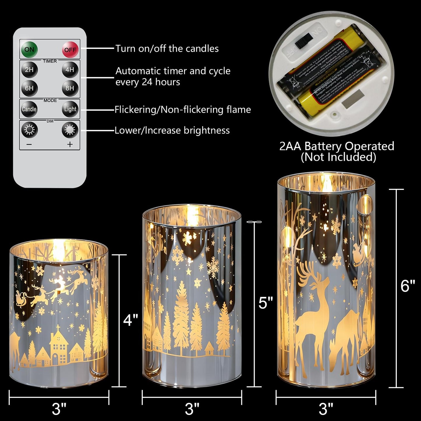 Lasumora Silver Christmas Reindeer Flameless Candles with Remote Timer, Set of 3 LED Candles in Plated Glass Holder, Battery Operated Candles Real Wax for Home Décor Christmas Gifts, D3”x H4” 5” 6”