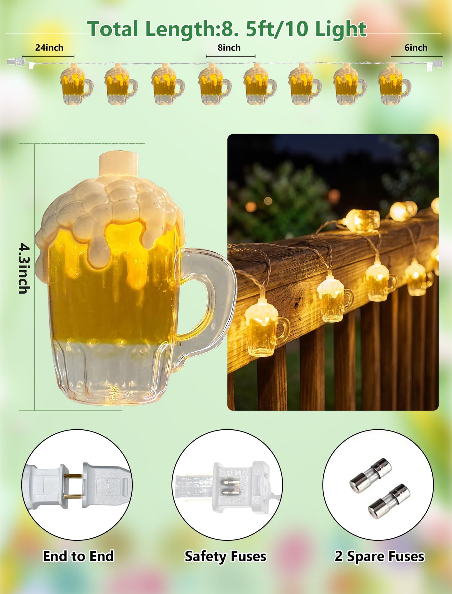 Beer Mug String Lights, 8.5Ft Hawaiian Beach Themed Party Decorations String Lights with 10 3D Beer Cup Lights, Outdoor Light Beer for Tropical Luau Party Beach Pool Summer Tiki Gifts Decorations