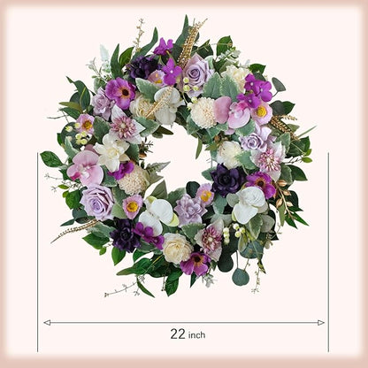 22" Artificial Flower Wreath Spring/Summer Floral Wreaths for Front Door with Roses Orchid Gardenia Dahlia Full and Elegant Decor for Inside Outside Wall Window Festival Party Wedding （White Purple）