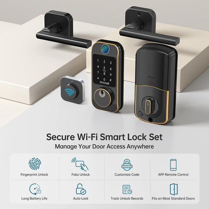 Keyless Door Lock with Handle Set - SMONET WiFi Fingerprint Smart Locks for Front Door, App Remote Control, Digital Bluetooth Keypad Deadbolt Set with Alexa, Auto Lock, Code, Fobs for Home Black