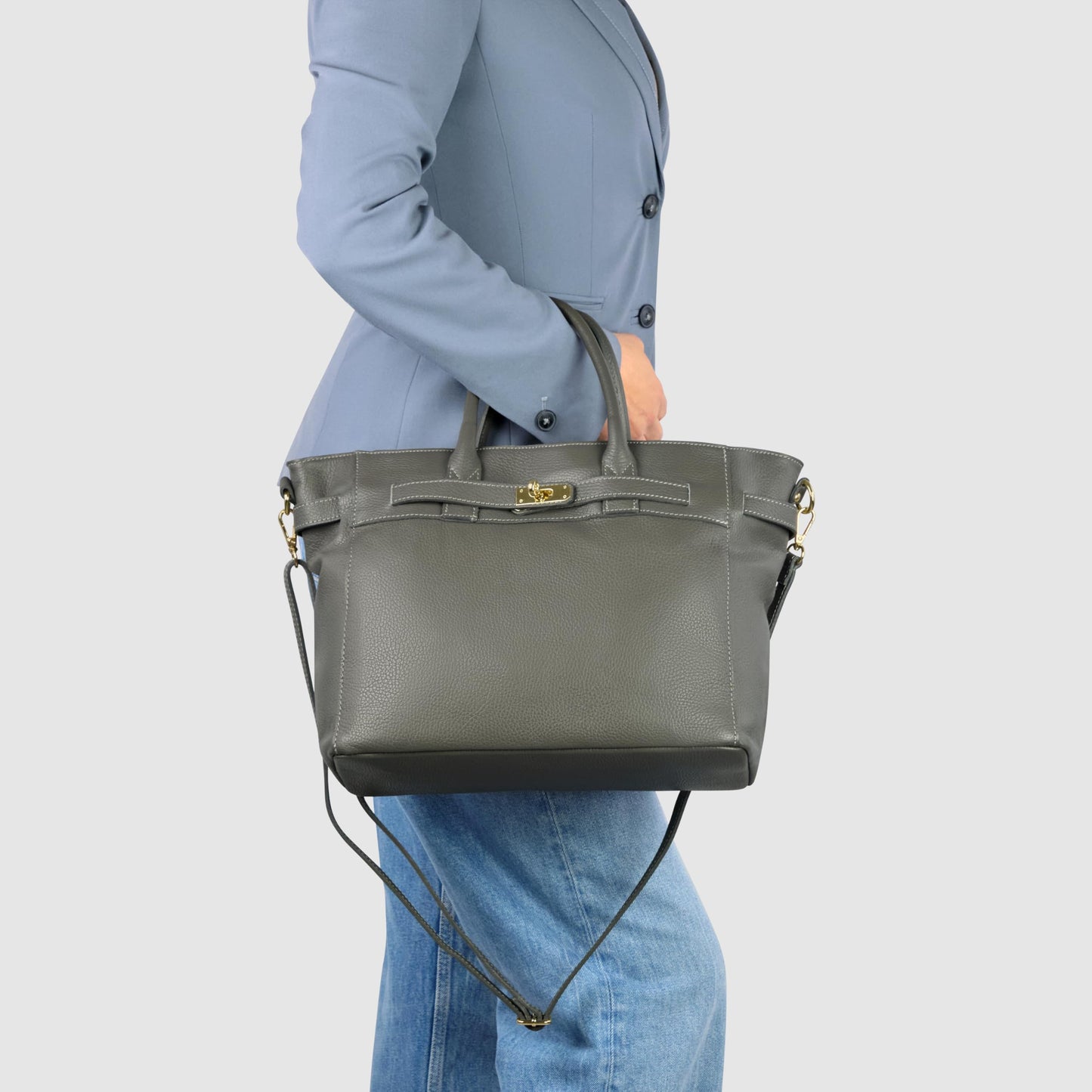 Italian Genuine Calf Leather Handbag for Women with Zipper & Adjustable Strap | Medium Top-Handle Satchel Purse (Dark Grey)