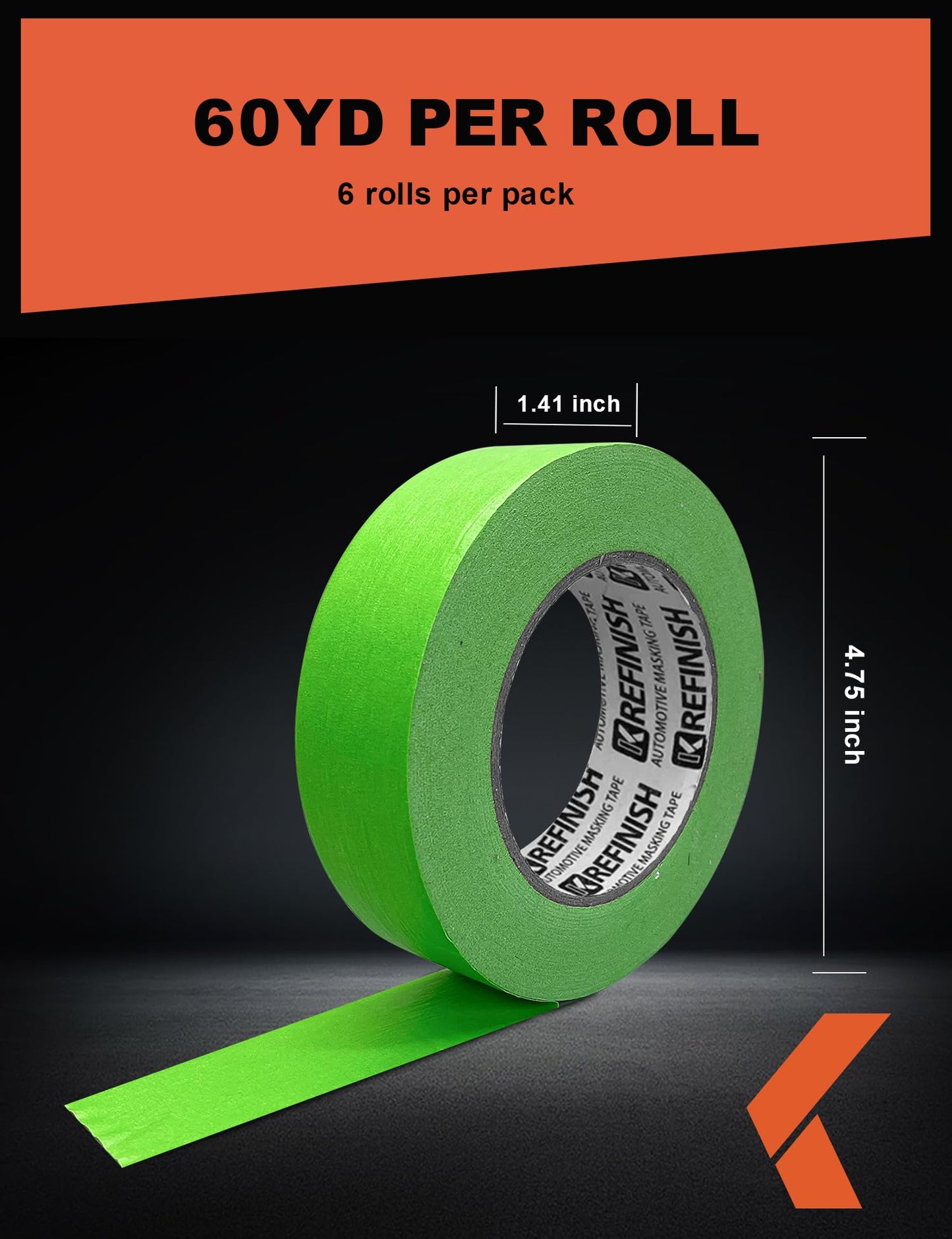 KREFINISH Painters Tape - Green No Residue Automotive Masking Tape, Heat Resistant for Paint Booth, 1.41 Inches x 60 Yards, 6 Rolls