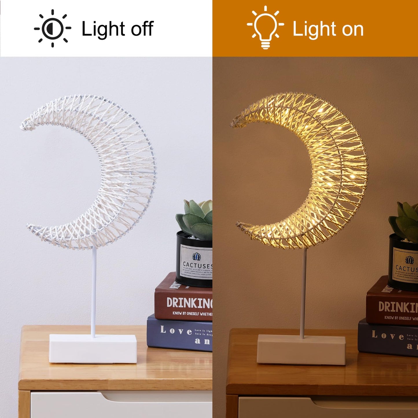 Lewondr Ramadan Decorations Moon Table Lamp, Moon Shape Rattan Ramadan Desk Lamp Battery Powered Light, Winding Thread LED Crescent Light for Home Bedroom Bedside Desktop Eid Mubarak Decorations