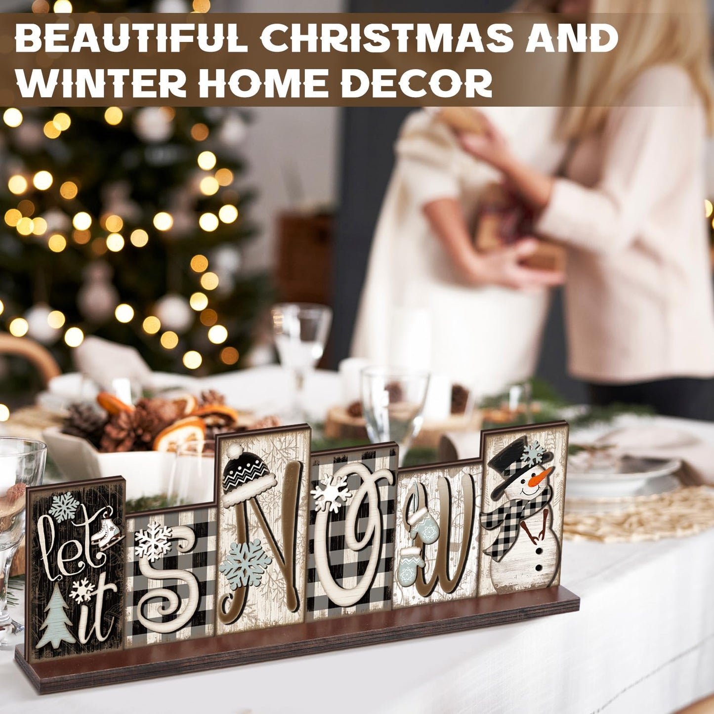 Amyhill Winter Table Decoration Snowman Christmas Decor Reversible Winter Table Centerpiece Christmas Tiered Tray Decor Decorative Block Signs Farmhouse for Wonderland Party Home Kitchen Shelf