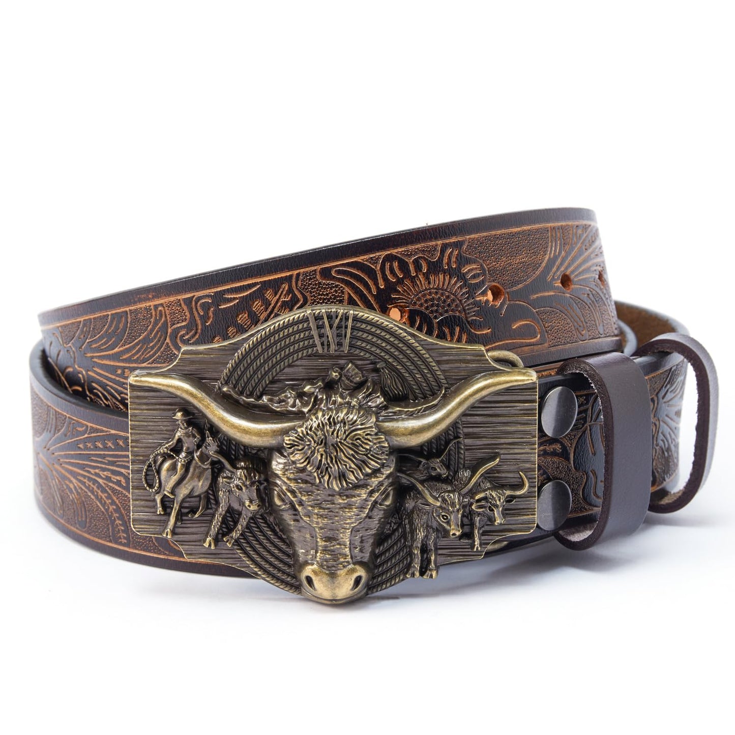 JIMJOY Men's Western Leather Belt Cowboy Belts for Men Big Engraved Buckle Belts