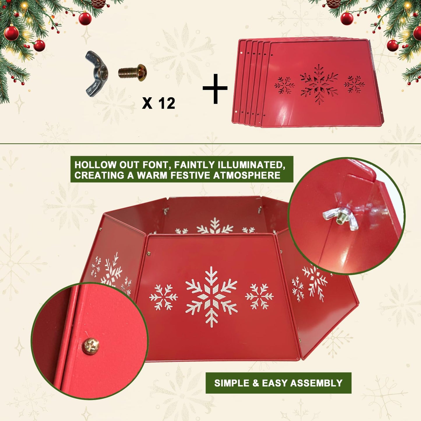 WKHOMEDECO 28" Christmas Tree Collar for Pencil Tree, Metal Tree Collar with Hollow-Out Snowflake Design, Pet-Proof Christmas Tree Collars for Artificial Trees, Secure & Reusable Holiday Decor (Red)
