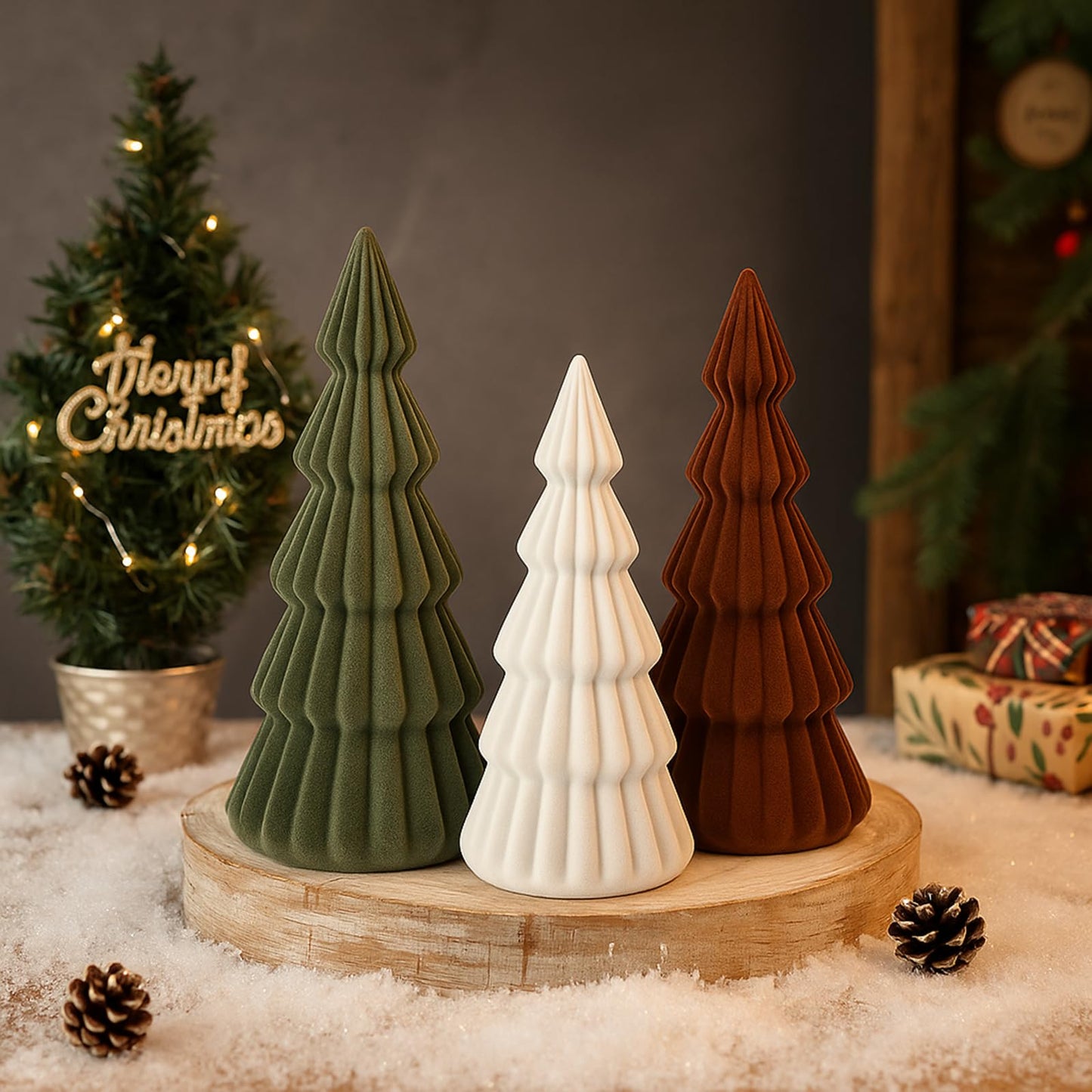 Relaxgiant Set of 3 Velvet Ceramic Christmas Trees Decoration Large Modern Velvet Cone Christmas Tree Figurine Decor Holiday Xmas Winter Indoor Home Tabletop Mantel Centerpiece(Green, Beige, Brown)