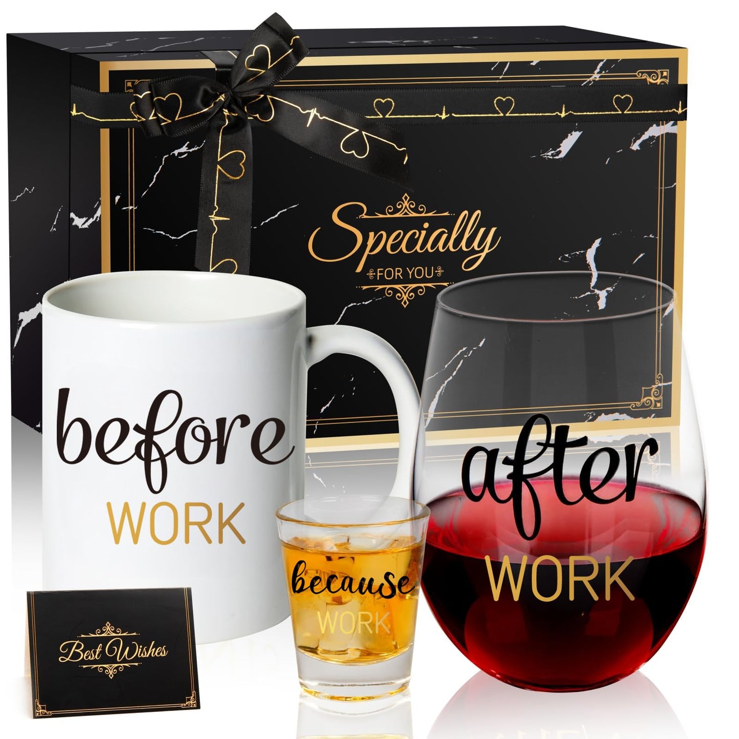 PUGED Before Work After Work Because Work Gift Set 11 oz Coffee Mug 18 oz Wine Glass 2 oz Shot Glass with Gifted Box for Coworkers Boss Office Gifts Bosses Day Christmas Farewell Party Gift (Black)