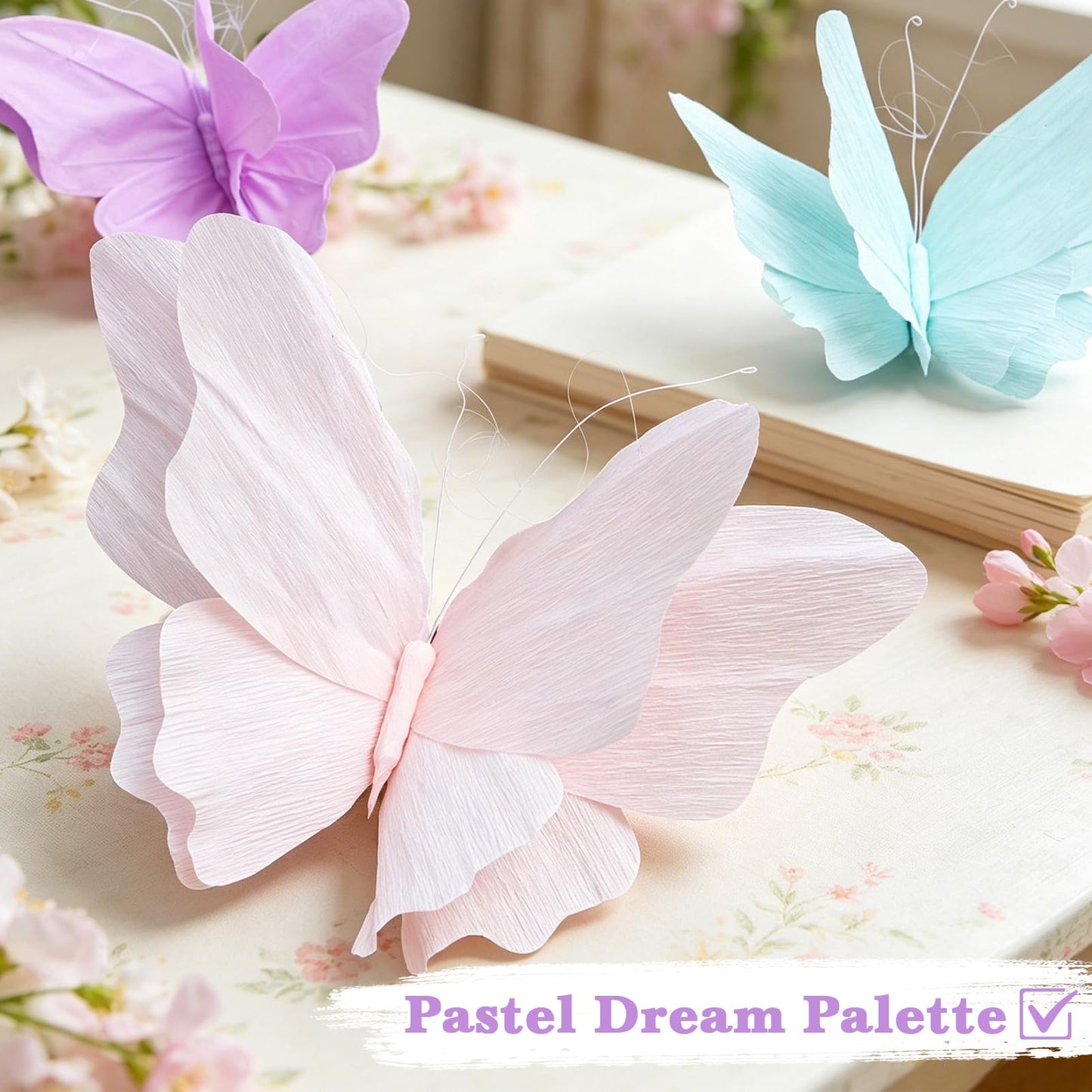 OBBOLO 3D Hanging Butterfly Decorations, Butterfly Birthday Party Decorations, 4 Pcs Crepe Paper Butterfly Hanging Decorations for Girls, Women, Flower Garden Party Decorations
