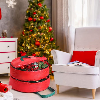 Double Layer Christmas Wreath Storage Container Bag Wreath Storage Pure Color Seasonal Garland Holiday Container Festive Box with Dual Zippers and Handles for Xmas(30 Inch,Red)