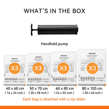 Wevac Combo Vacuum Storage Bag (3 Jumbo, 3 Large, 3 Medium, 3 Small) | Space Saver with Handheld Pump | Double Zip Seal | Special-Grip Clip | Ideal for Clothes, Blanket Compression and Travelling