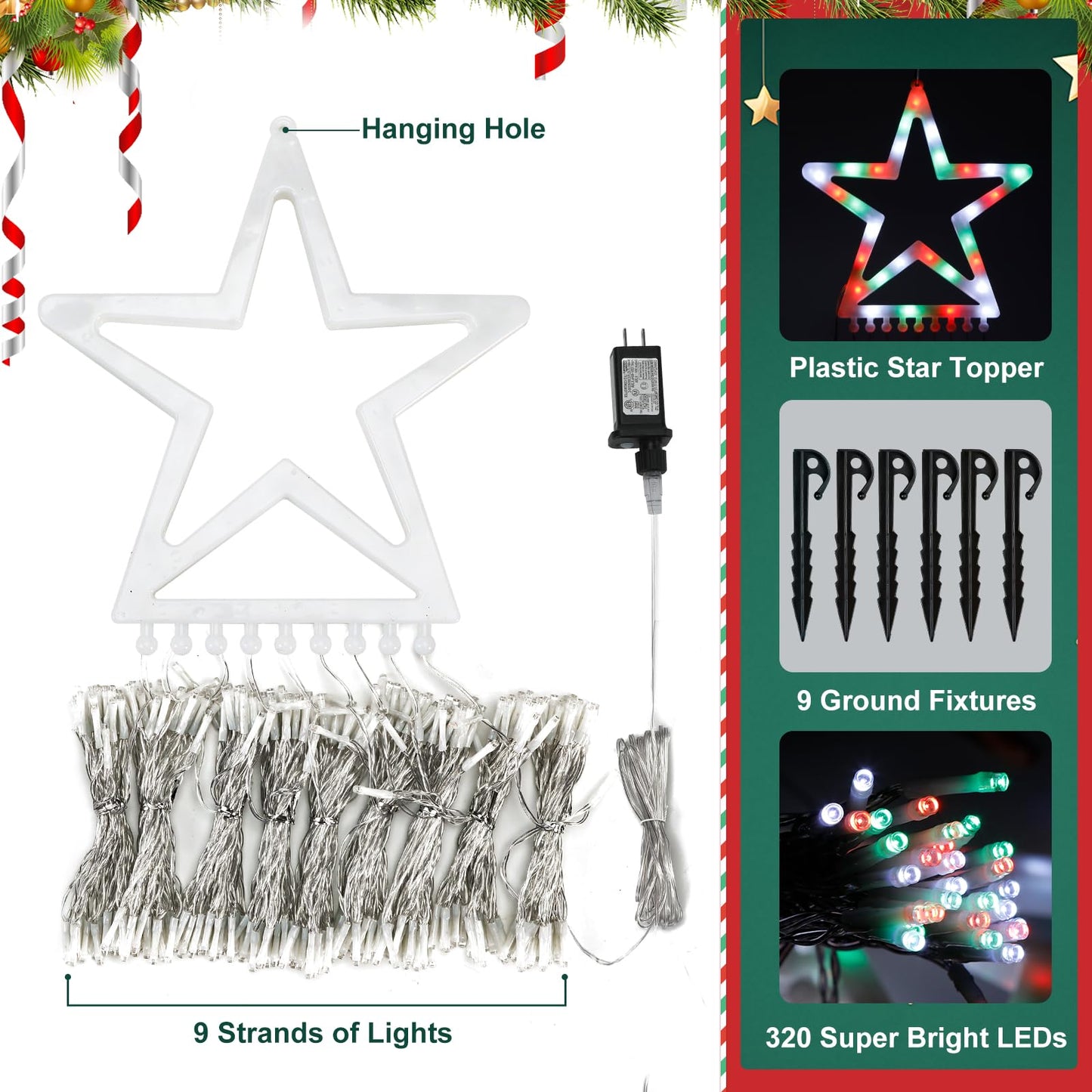Christmas Decoration Lights, Outdoor Christmas String Lights 320 LED 11.5 Ft Waterfall Tree Light with Big Star Topper 8 Light Modes for Xmas New Year Holiday Garden Yard Indoor Outdoor Decor