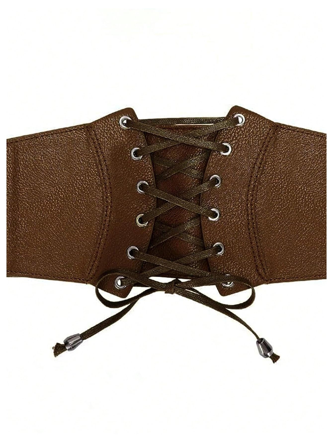 WDIRARA Women's Faux Leather Corset Belt Retro Lace Up Elastic Corset Waist Cincher Belt Brown Small