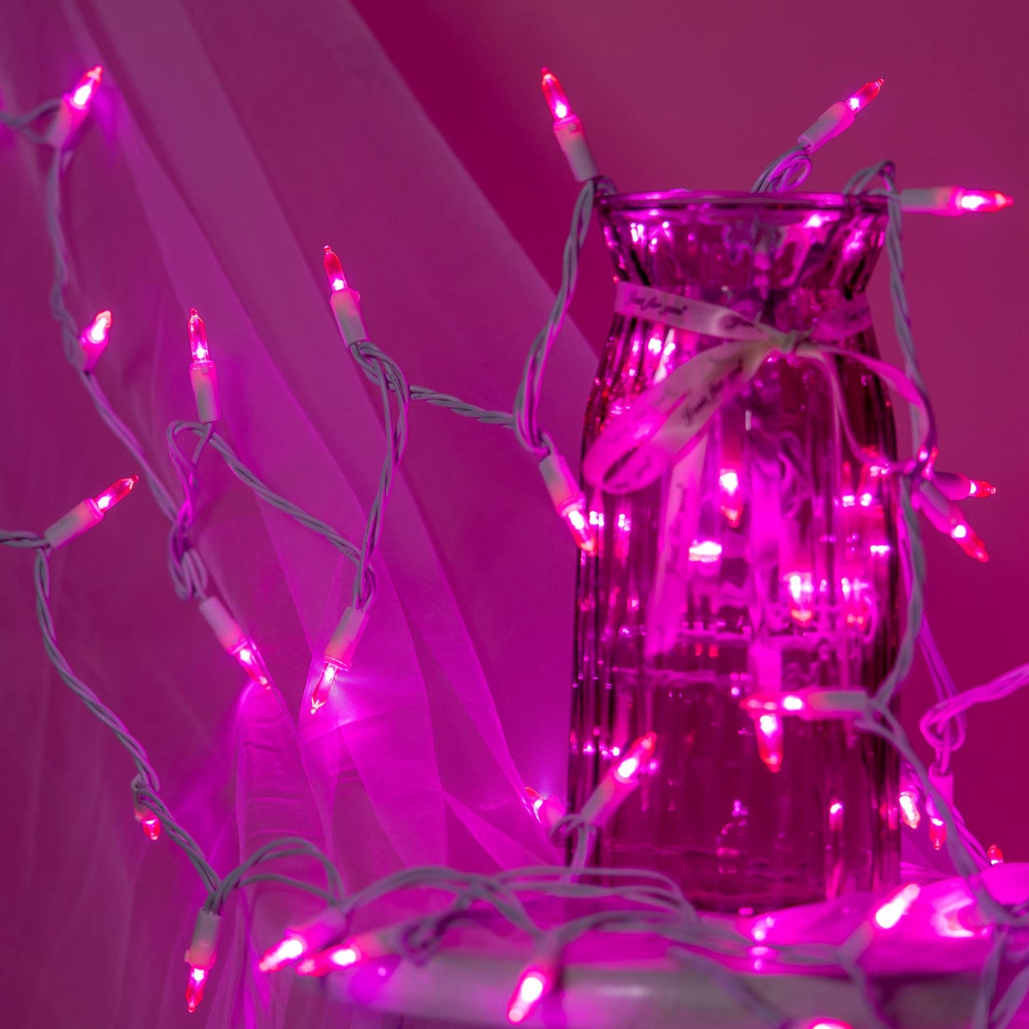 YULETIME 200 Pink LED Christmas Lights, 66 ft White Wire UL String Light