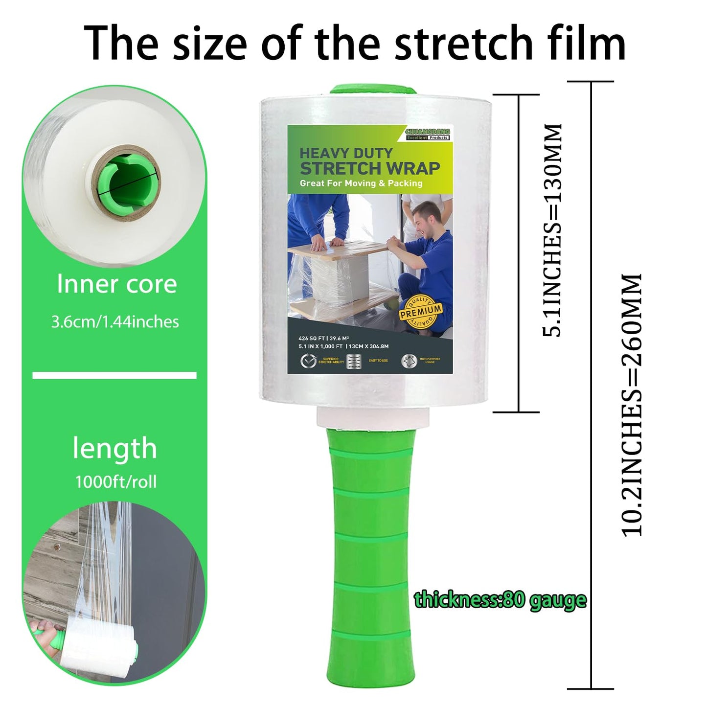 Mini Clear Stretch Wrap Film for Moving,5''x1000ft,4 Rolls Plastic Wrap Refills with 1 Plastic Handle,Hand Stretch Wrap for Packing,Moving,Package, Industrial,80 Gauge CHUANGDANG