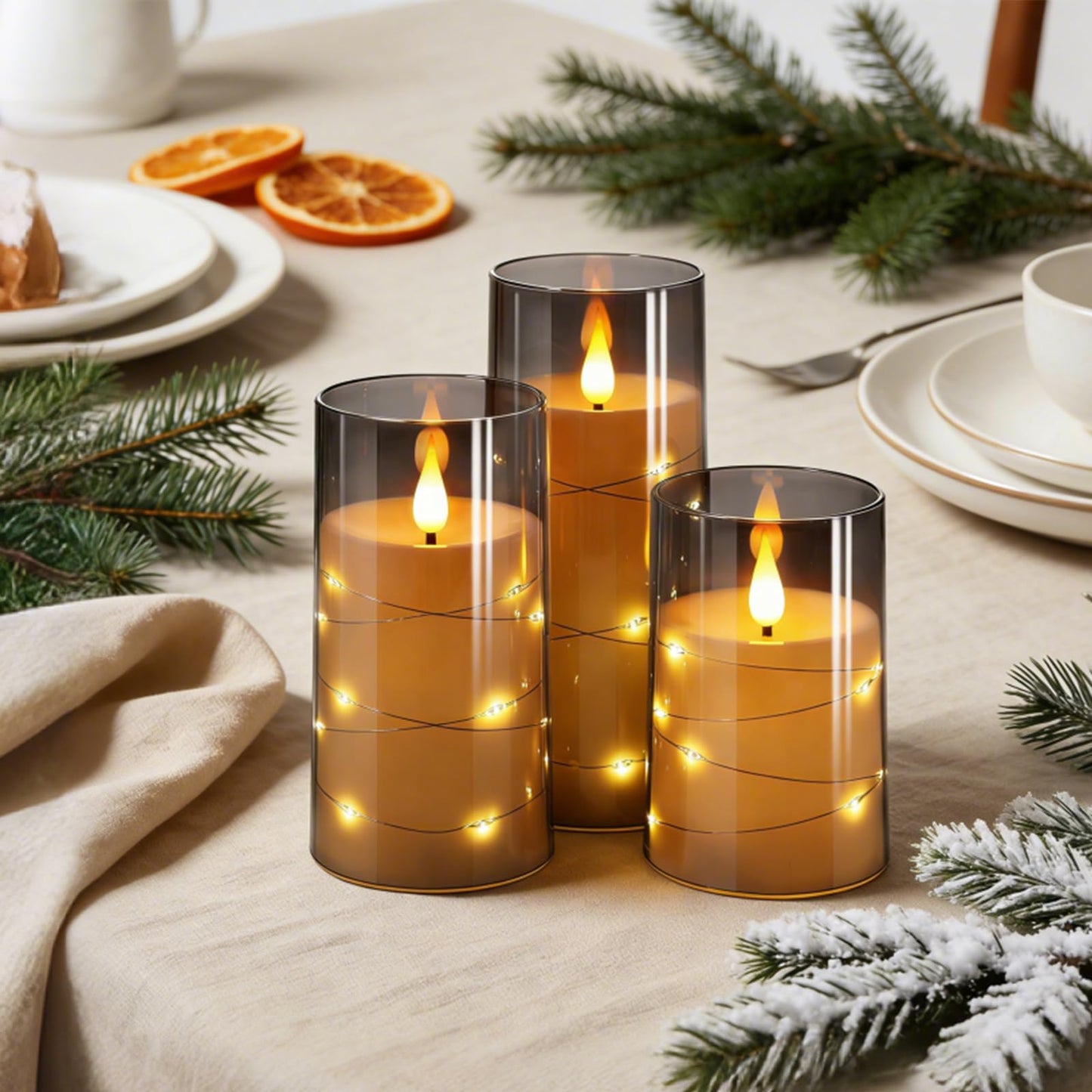 NURADA Flickering Flameless Candles: Built-in Star String Lights 3D Wick Acrylic Battery Operated LED Pillar Candles with Remote and Timer for Fall Halloween Christmas Home Decoration - 3 Pack Gray