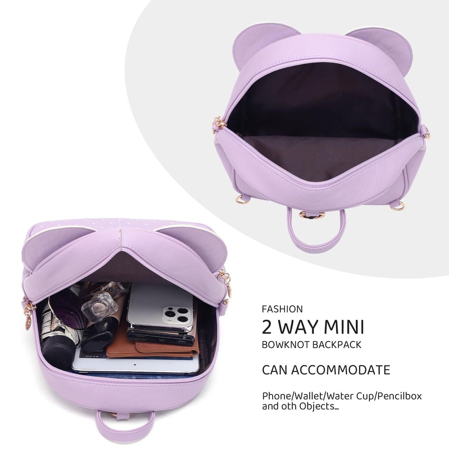 KL928 Girls Mini Backpack Bowknot Polka Dot Cute Daypacks Convertible Shoulder Bag Purse for Women (L.Purple)