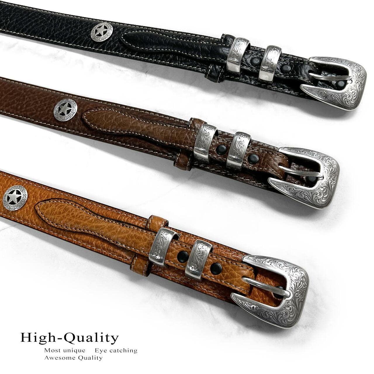 Silver Engraved Ranger Star Concho Genuine Leather Western Ranger Belt (Black, 42)