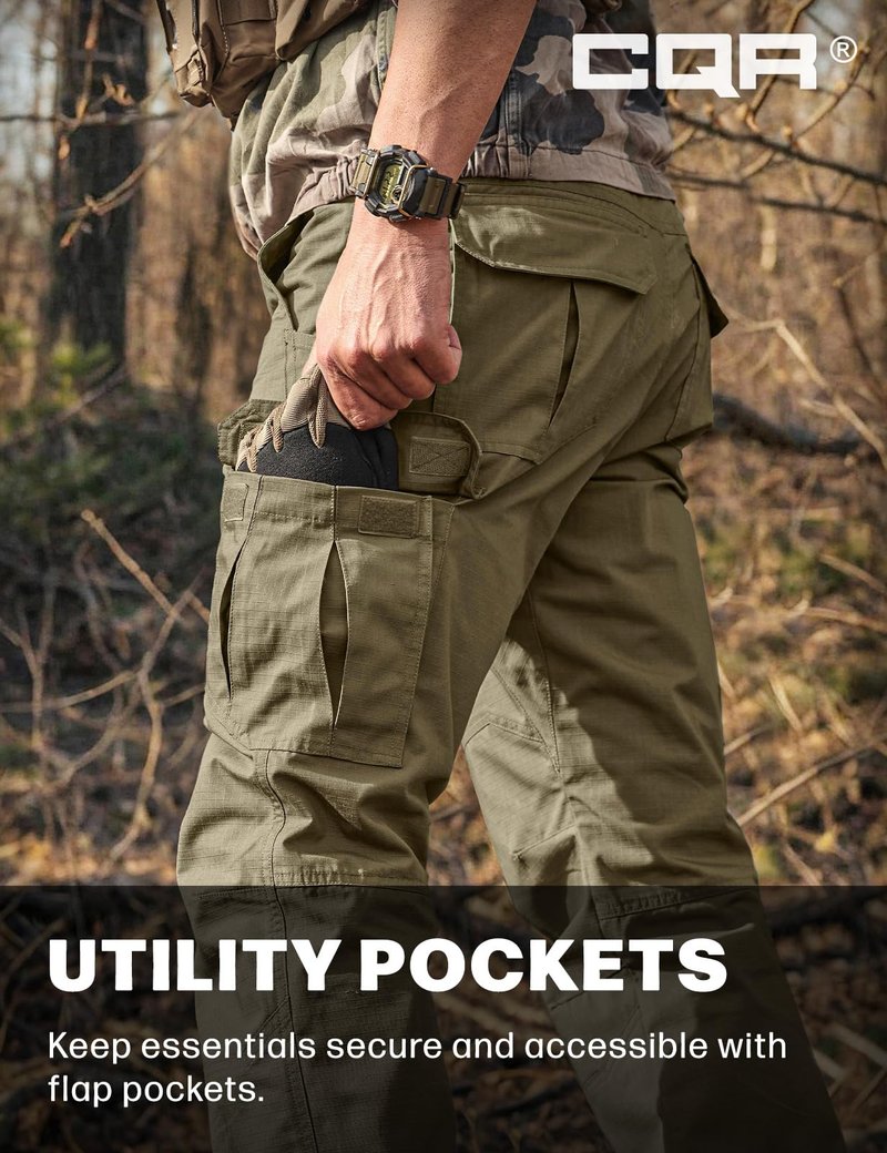 CQR Men's Tactical Pants, Water Resistant Ripstop Cargo Pants, Lightweight EDC Work Hiking Pants, Outdoor Apparel, Raider Soil Green, 34W x 34L