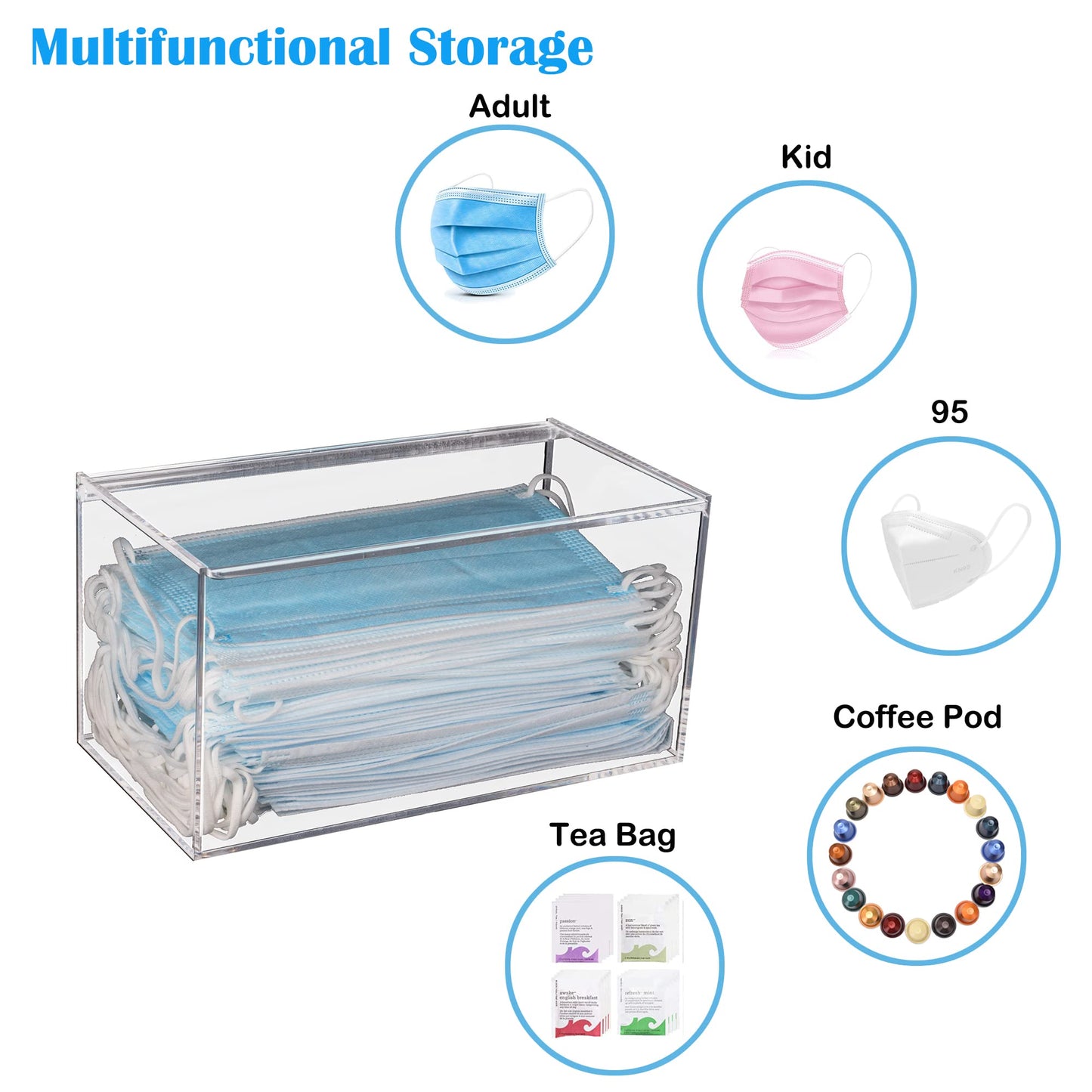 Heyrelda Face Mask Dispenser with Hinged Lid, Countertop Acrylic Mask Storage Box Holder Transparent Dust-Proof Mask Storage Case Container for Home Office Car, Clear