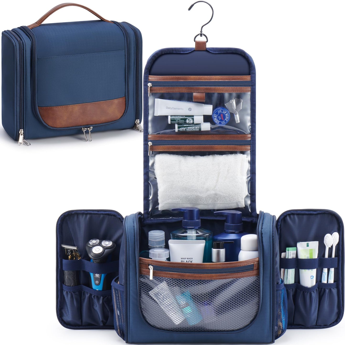 Ralnitote Large Hanging Toiletry Bag for Men, Travel Bathroom Bag with Hook, Hygiene Bag Organizer for Shower, Shaving & Grooming Essentials, Navy